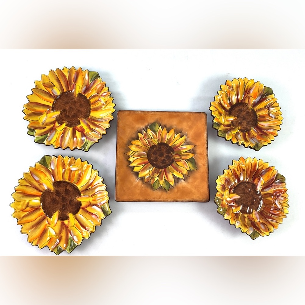 Clay Art-tuscan, sunflower – handpainted, ceramic dipping bowls, square platter
